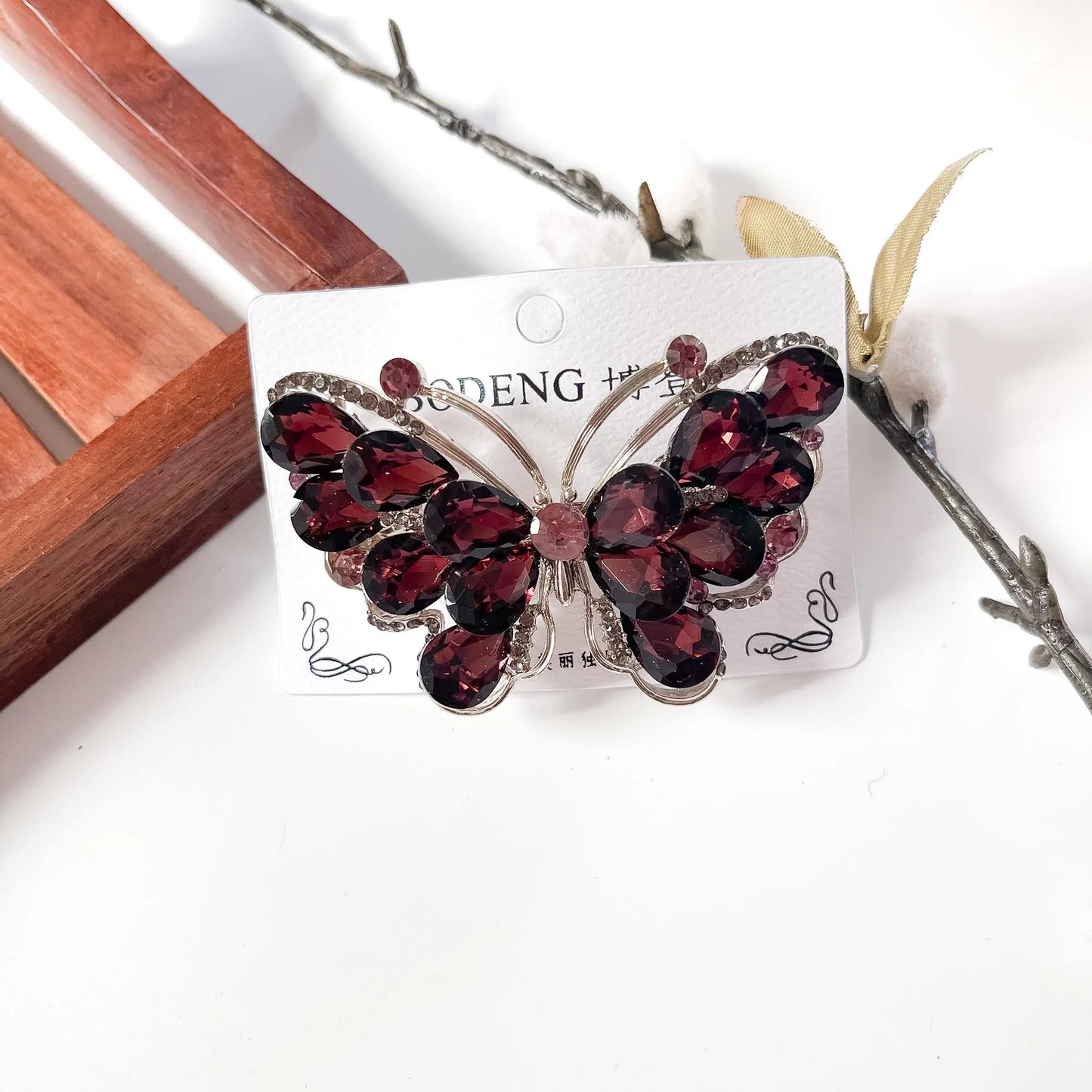 Wine maroon red large crystal butterfly barrette fancy hair clip for women