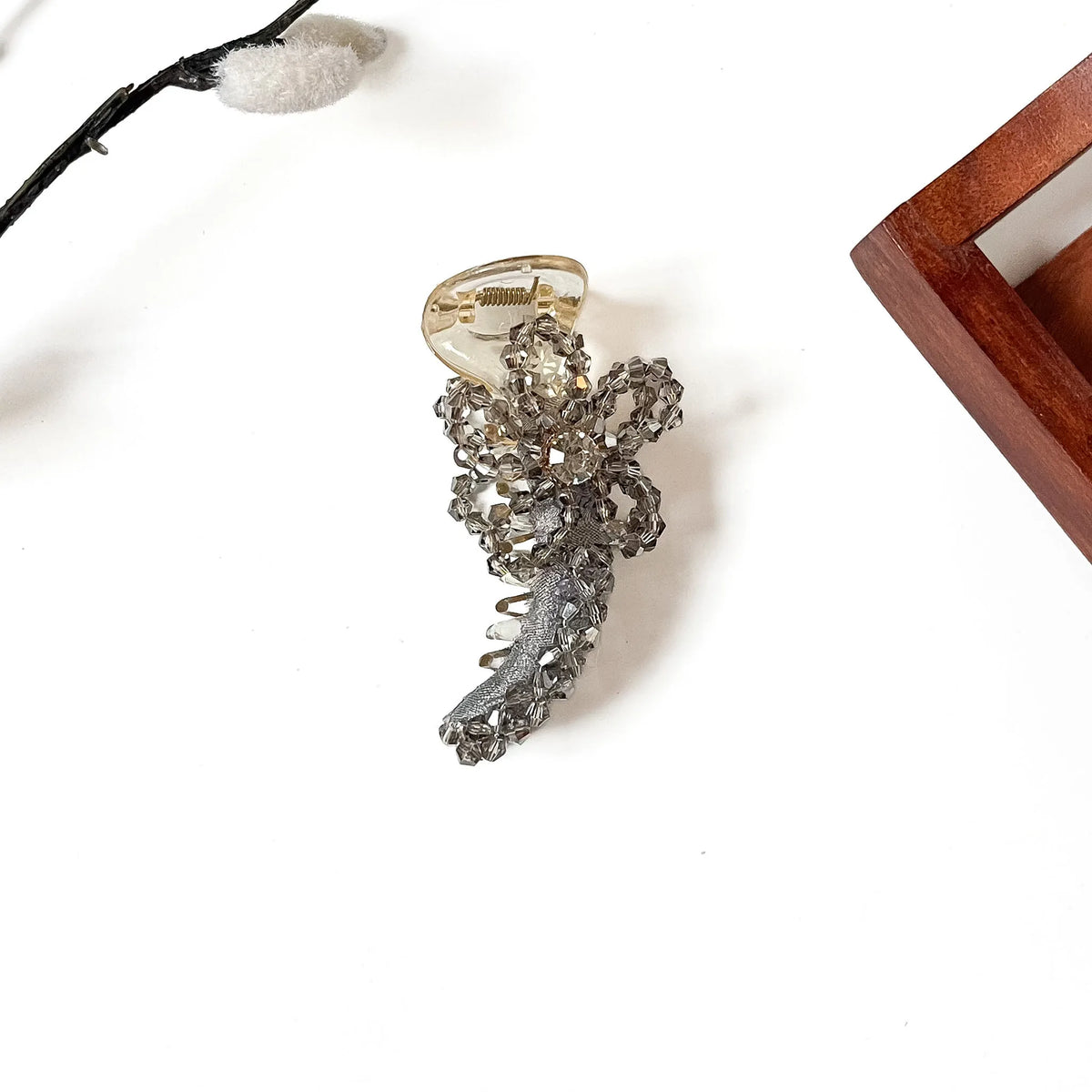 Bijou Bow Banana Clip in smoky grey, 8cm banana clip with grey crystal bow and stone