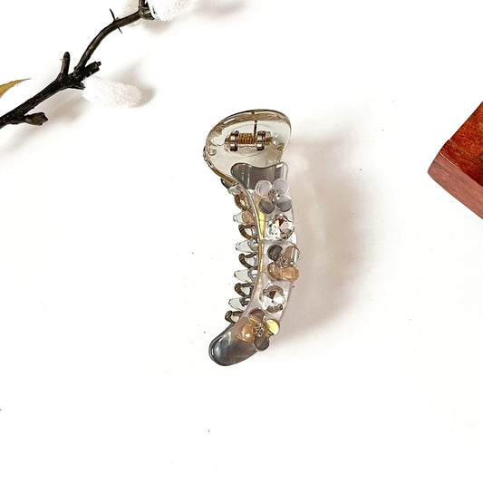 Smoke grey banana clip with clear rhinestones and gold flowers, 8 cm stone banana clip