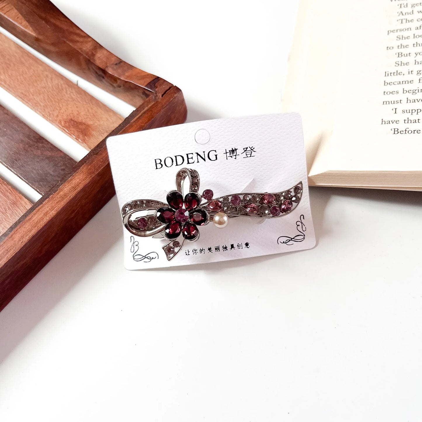 Bow pearl crystal barrette wine berry rhinestone barrette