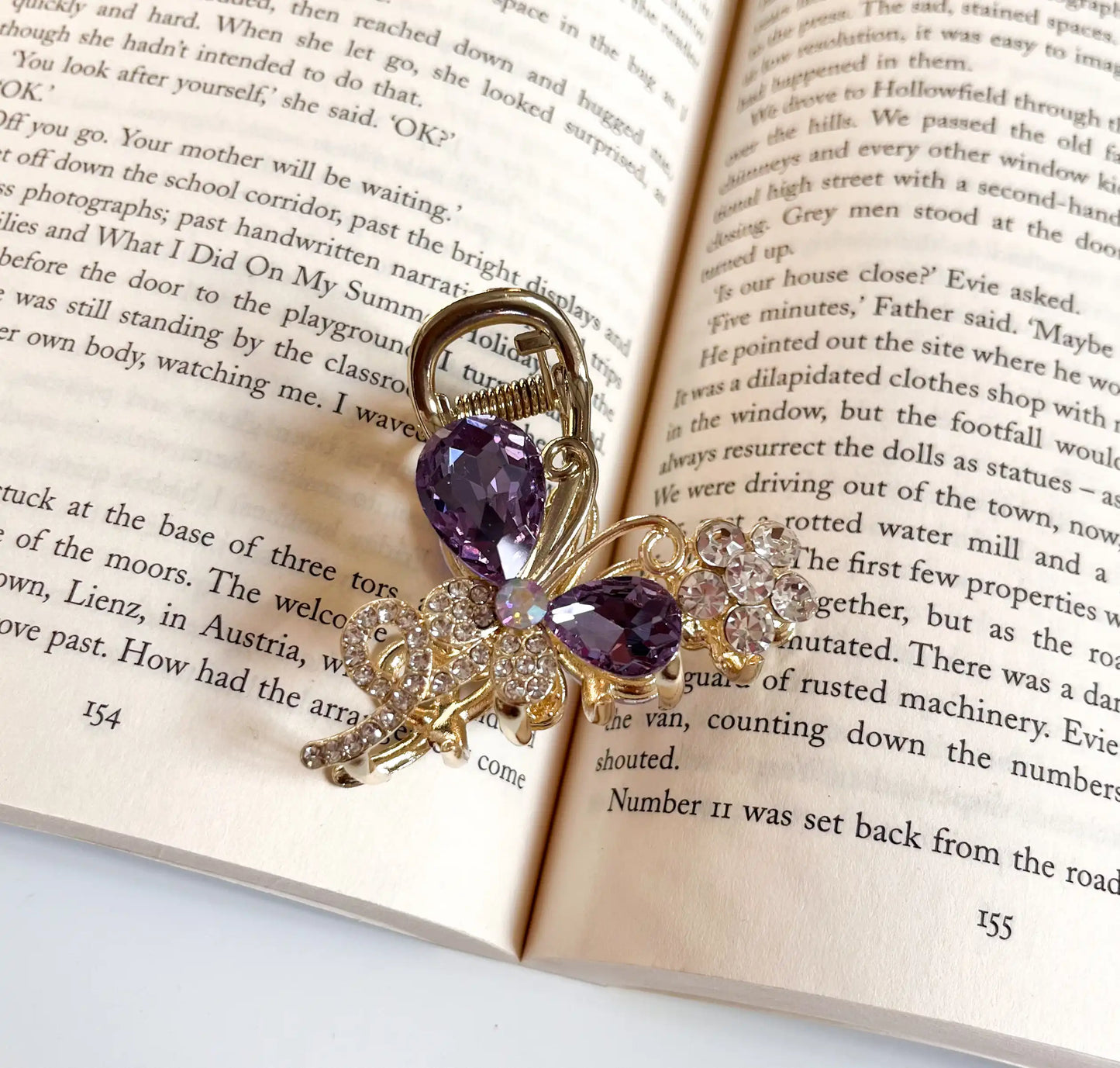 Butterfly crystal hair claw clip with purple stones and gold finish