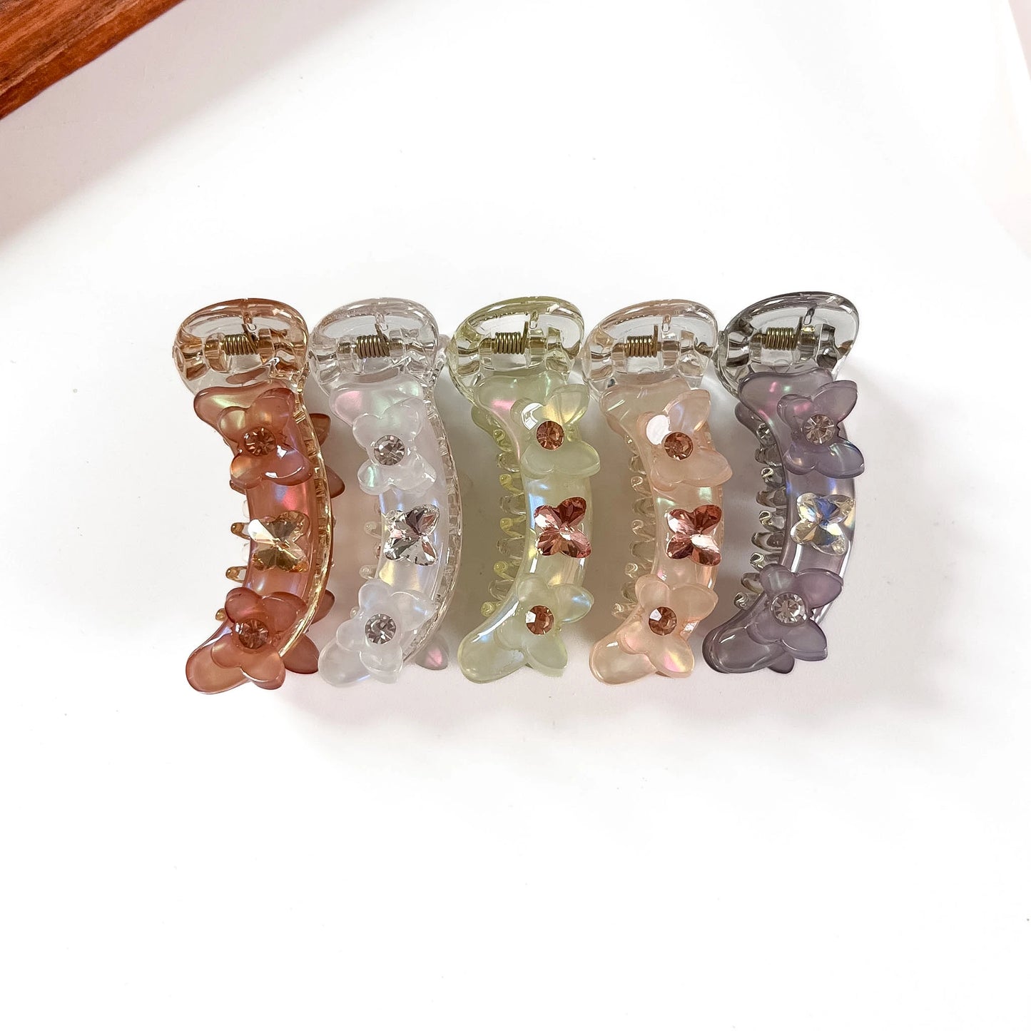 Flower charm mini banana clip in 5 shades amber clear sage nude smoke