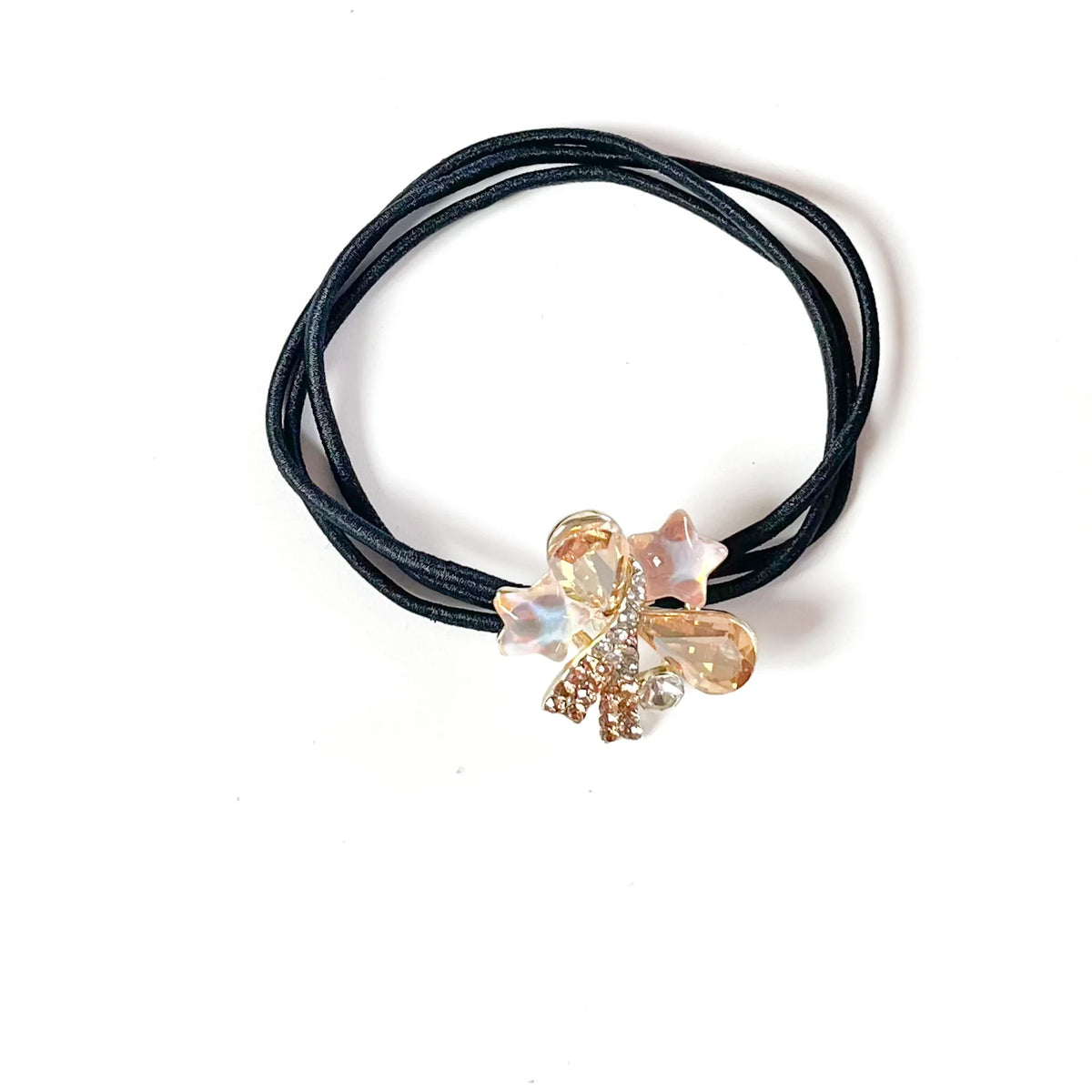 Champagne gold fancy rubber band for hair with peach crystals and iridescent stars, jewelled hair tie for women