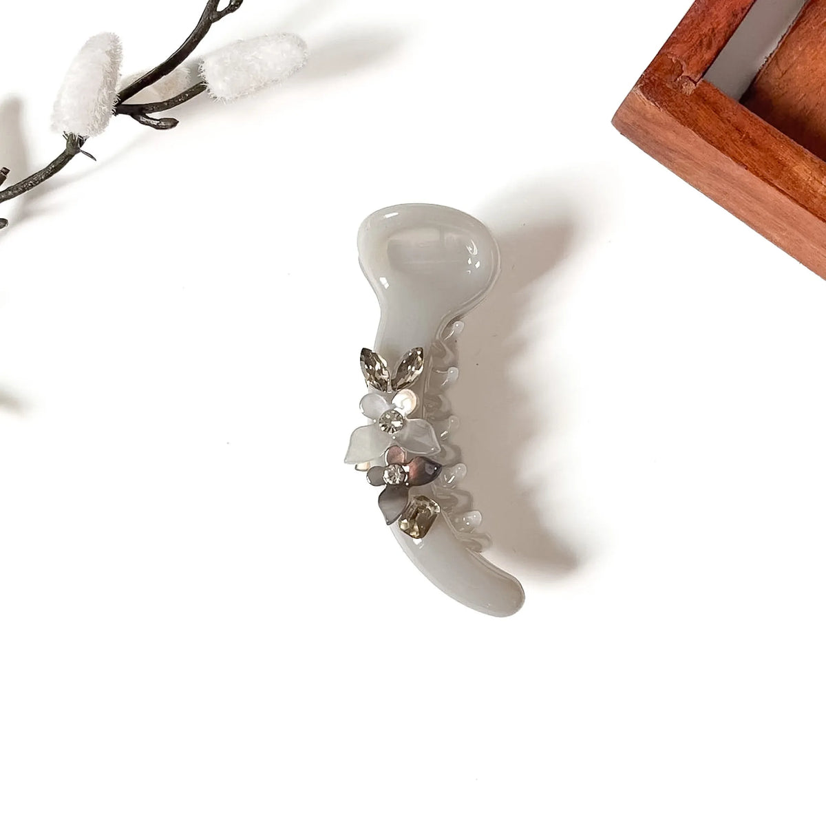Dove grey flower banana clip with mauve shell petals and smoky crystal stones, 8cm