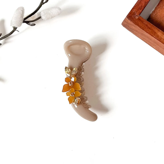 Latte brown banana clip with cream flowers and champagne stones, 8cm