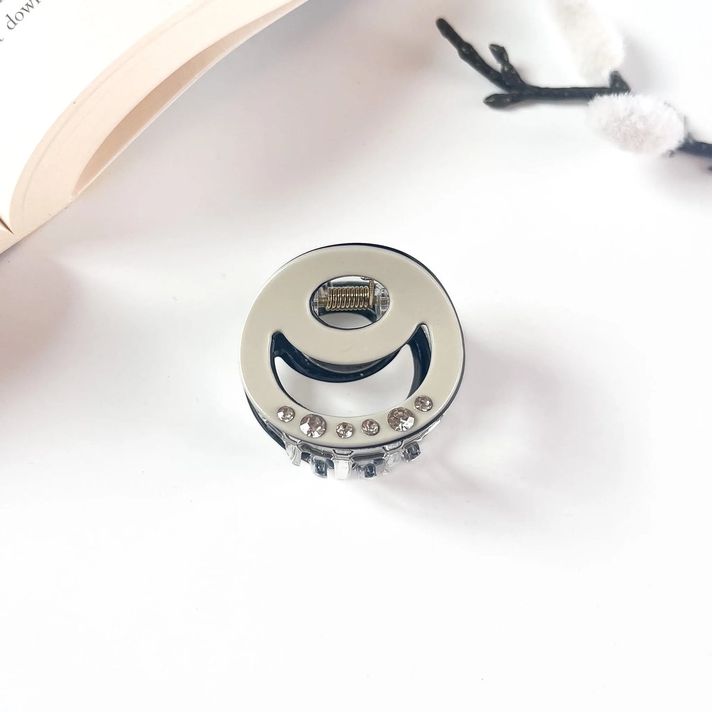 Ivory round claw clip with crystal trim for hair
