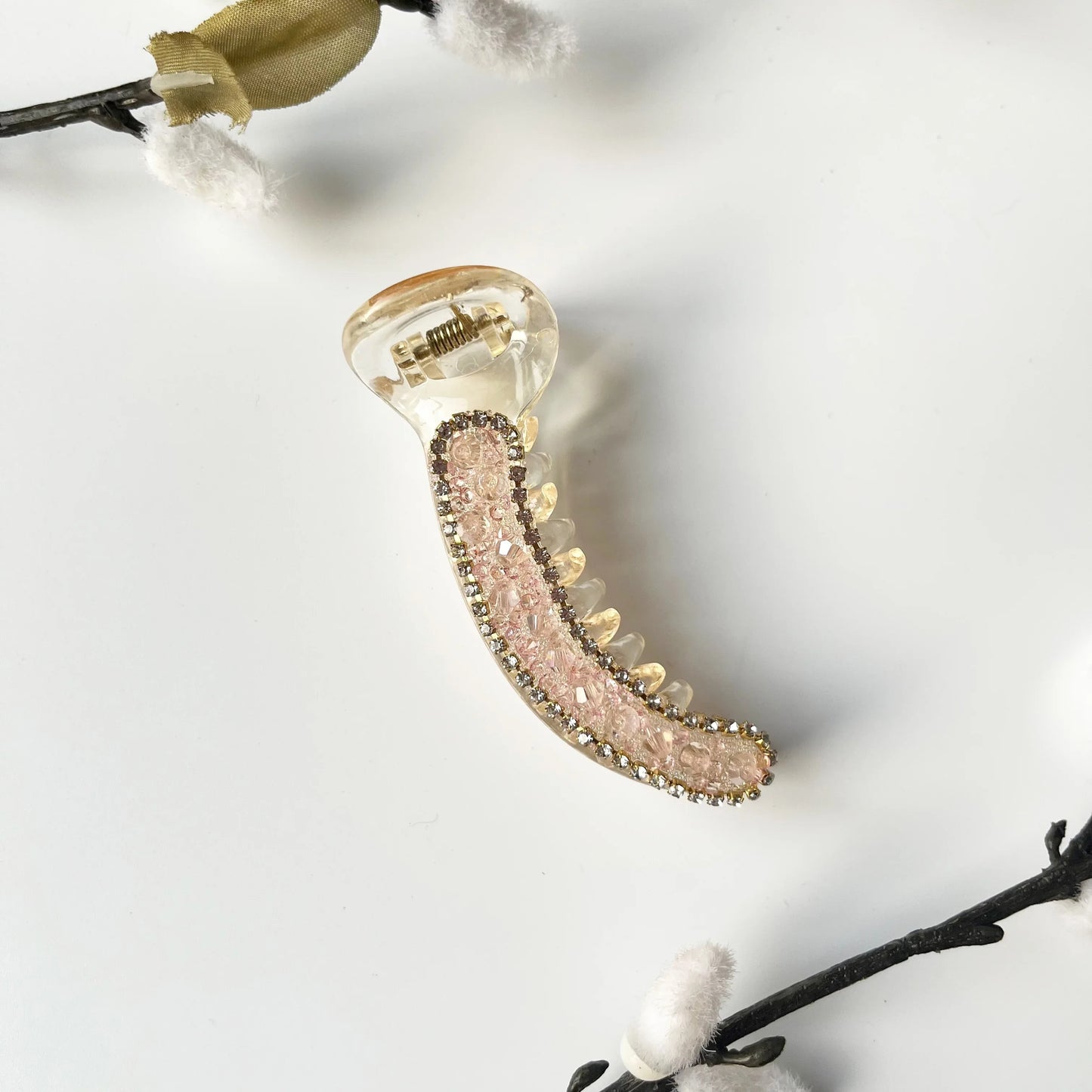 Crystal banana clip 8cm pink rhinestone border clear body