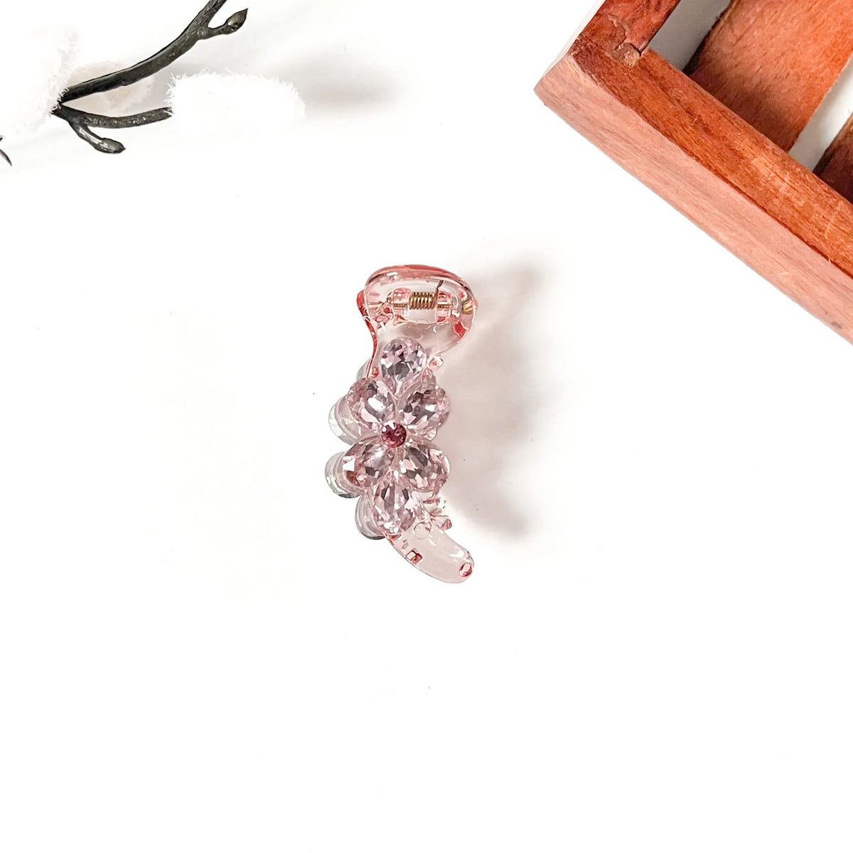 Blush pink transparent banana clip with pink rhinestone flower, 5 cm floral banana clip