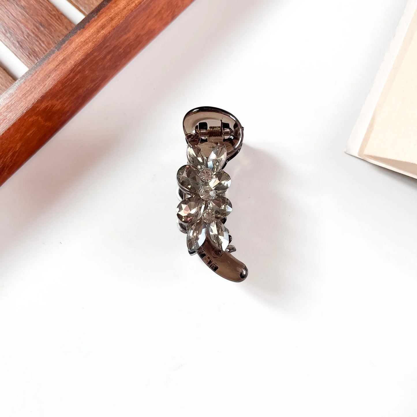Smoke grey crystal flower banana clutcher for hair