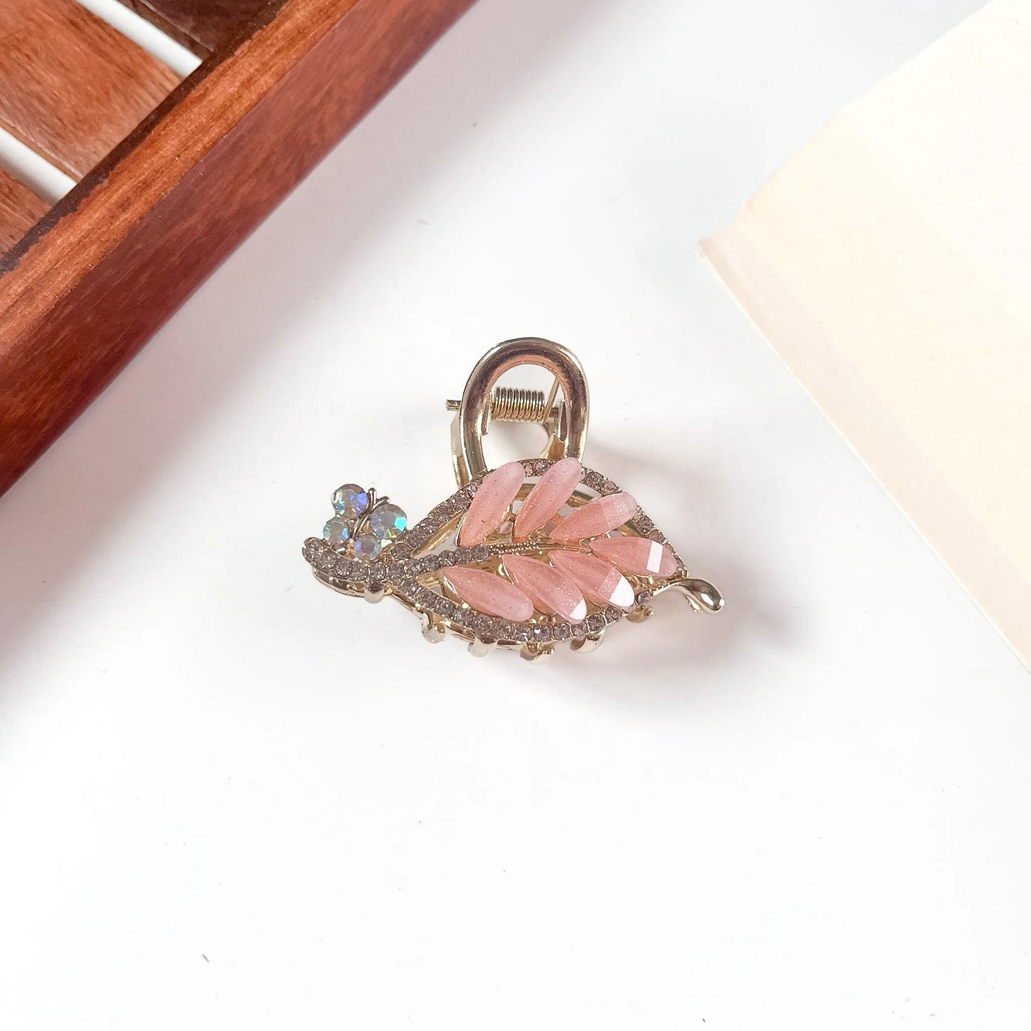Pink crystal leaf metal hair clip for hair