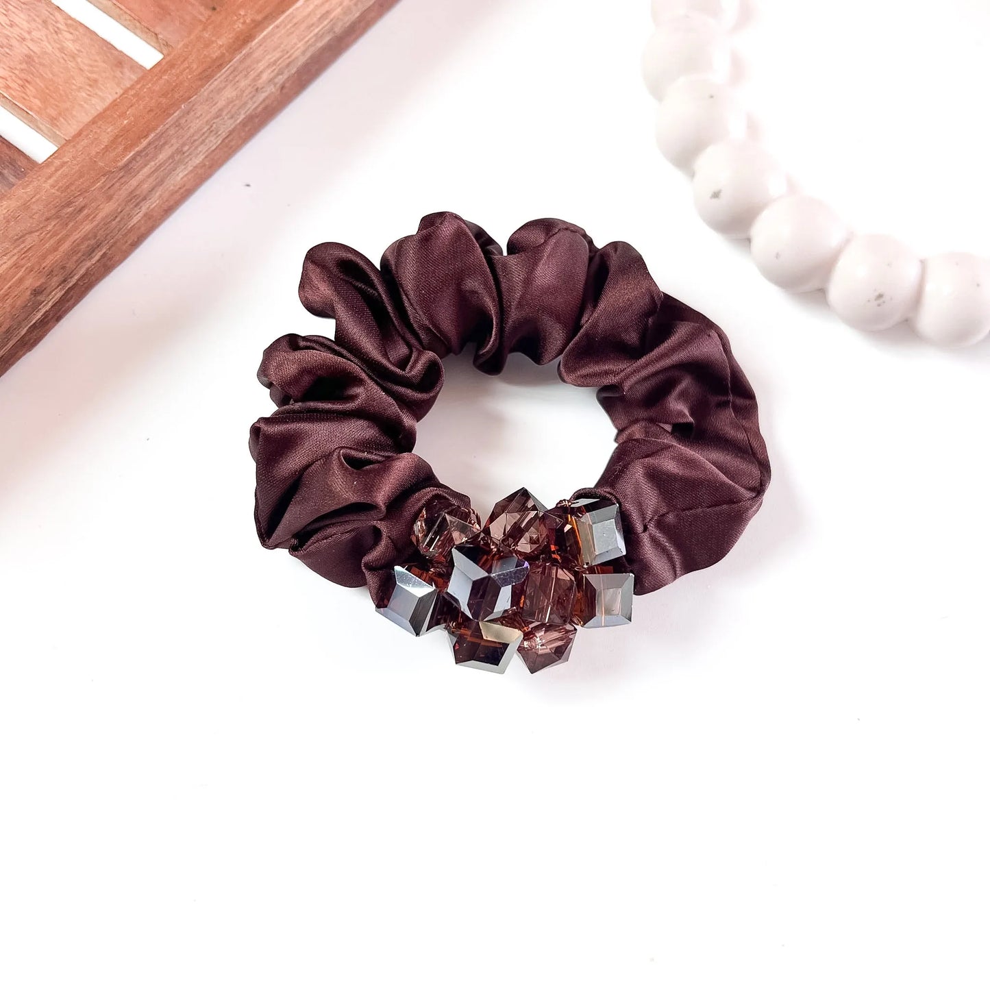 Brown satin scrunchie with cube crystal cluster