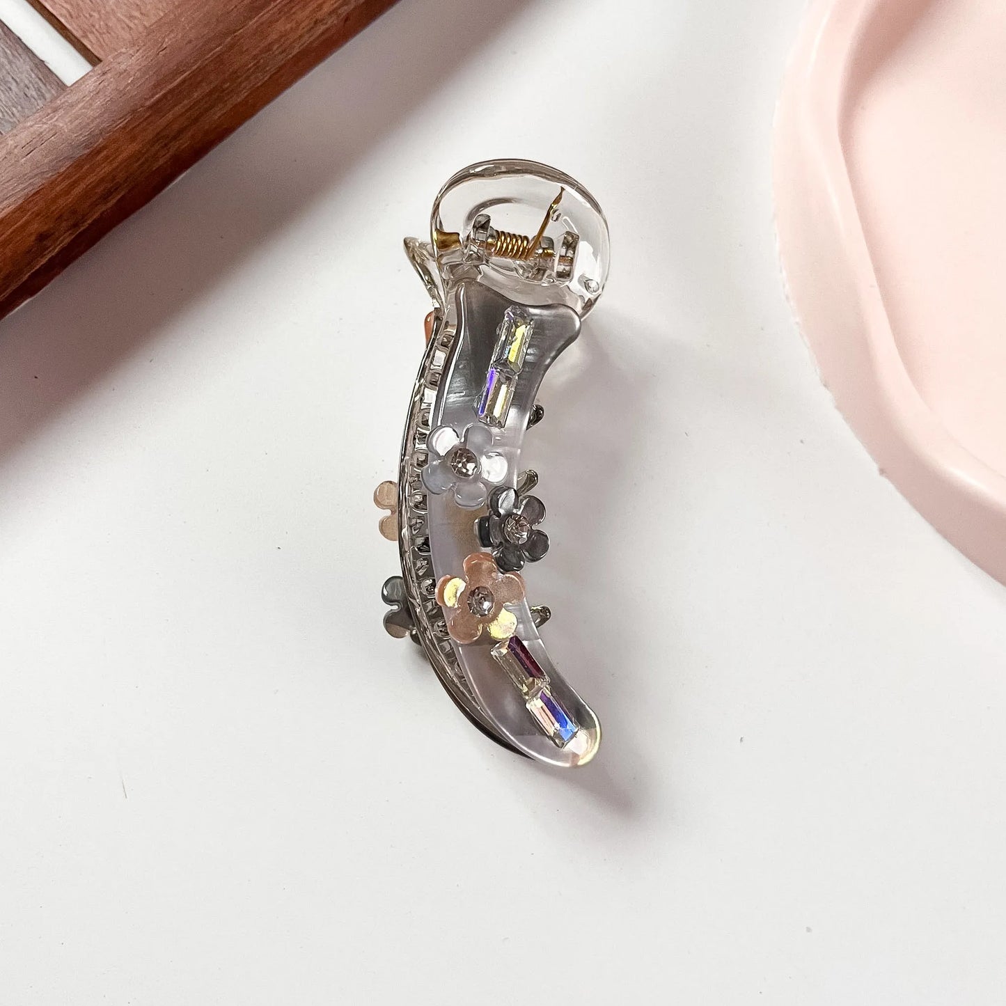 Smoke grey black floral baguette banana clip fancy banana clutcher with 3D flowers