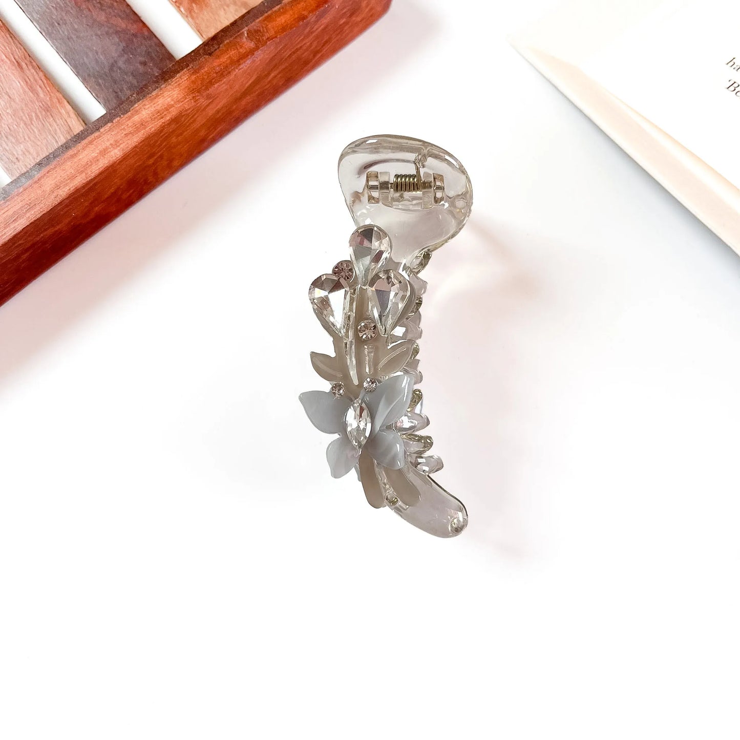 Grey Floral Cascade Banana Clip with crystal detail