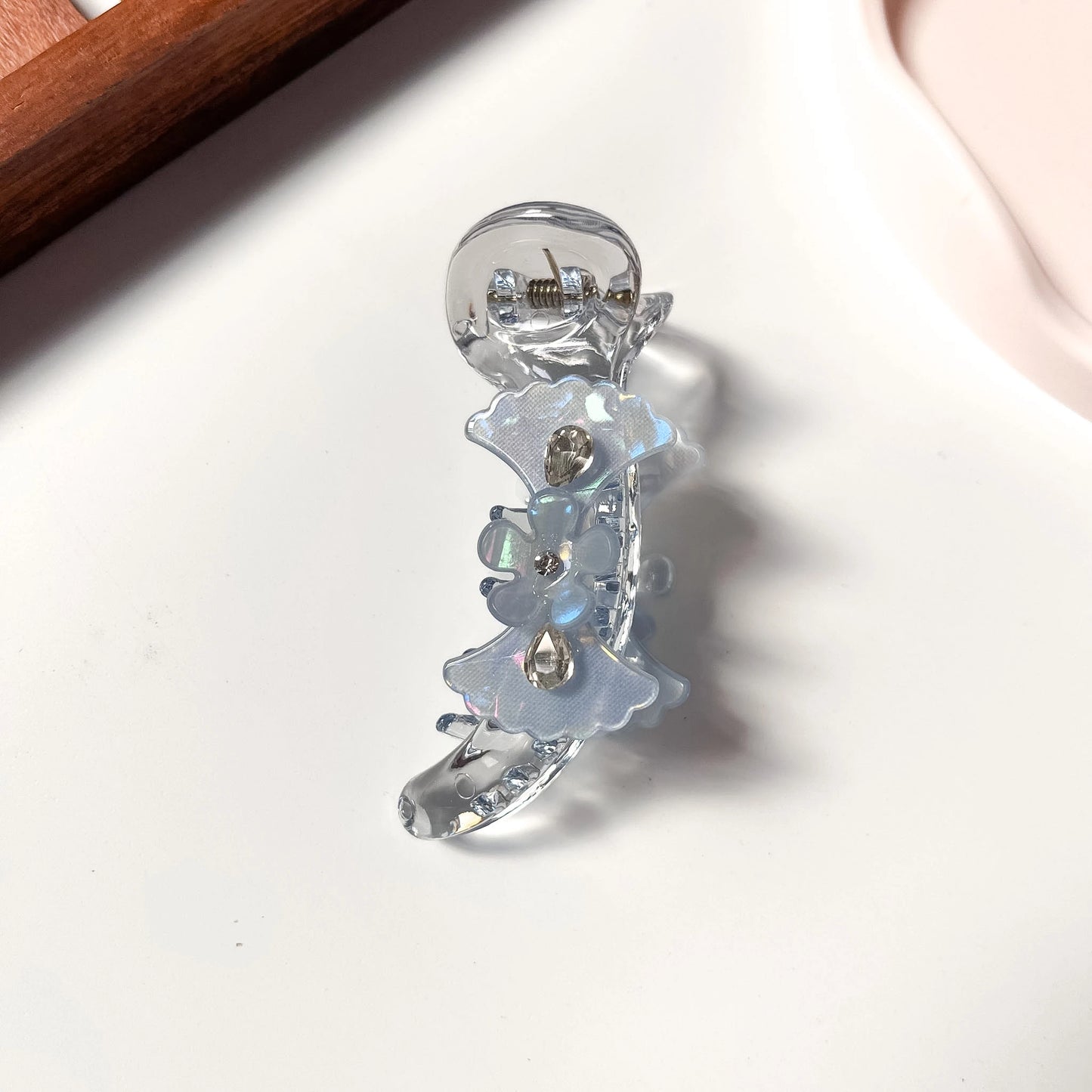 Blue floral crystal banana clip small fancy banana clip with iridescent shimmer