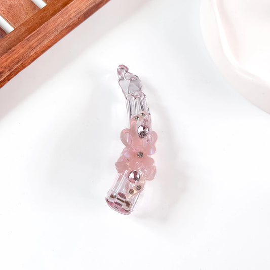 Pink flower charm crystal lock banana clip with rhinestone studs