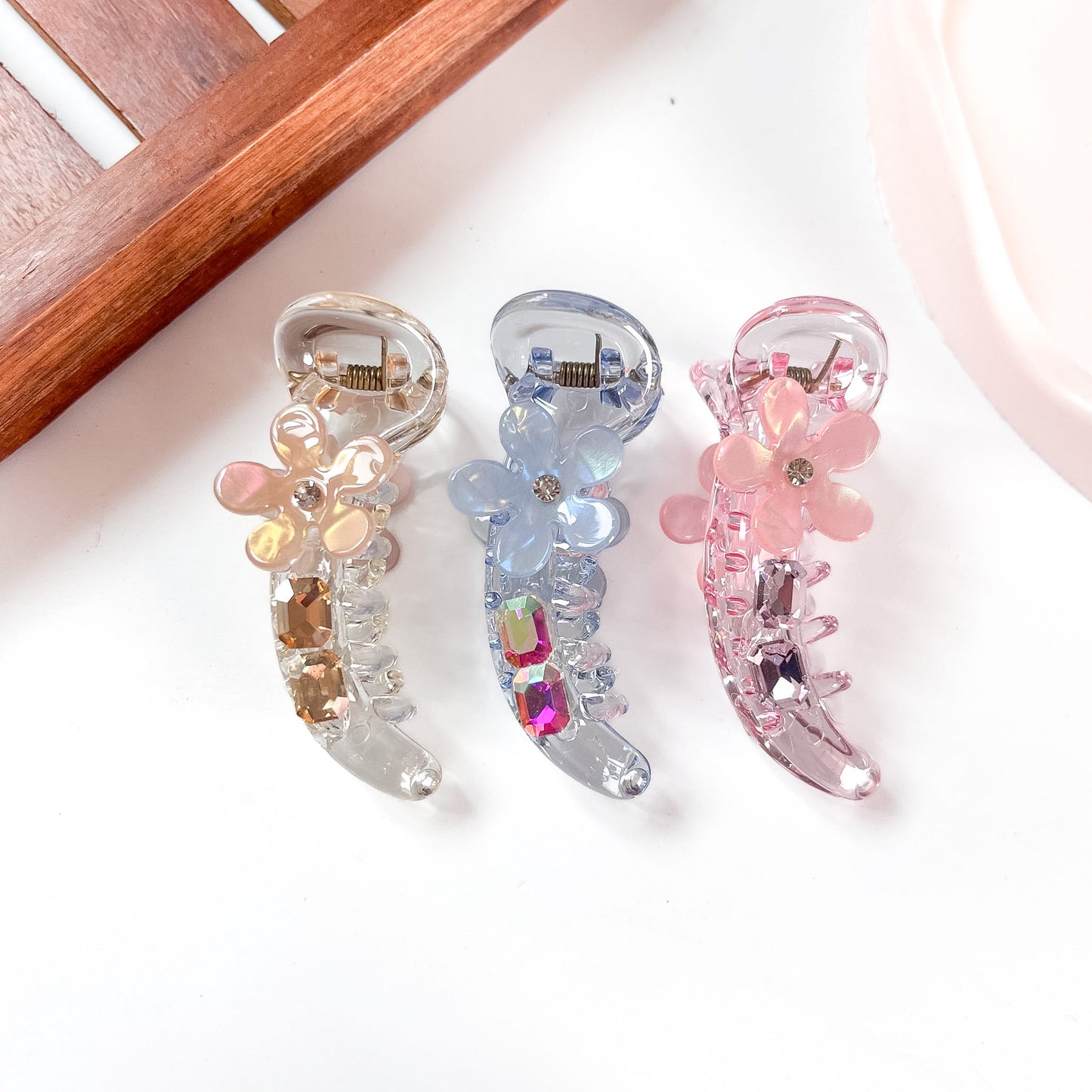 Flower square stone banana clips in champagne gold, periwinkle blue and pink for thin and short hair