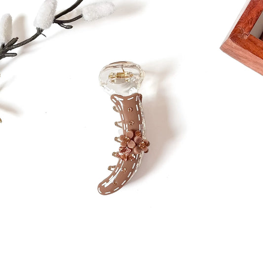 Mocha taupe brown banana clip with peach crystal butterfly and stones, 8cm