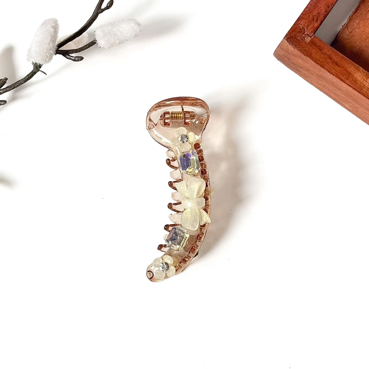 Opal blush pink banana clip with ivory bow and iridescent crystal stones, 8cm