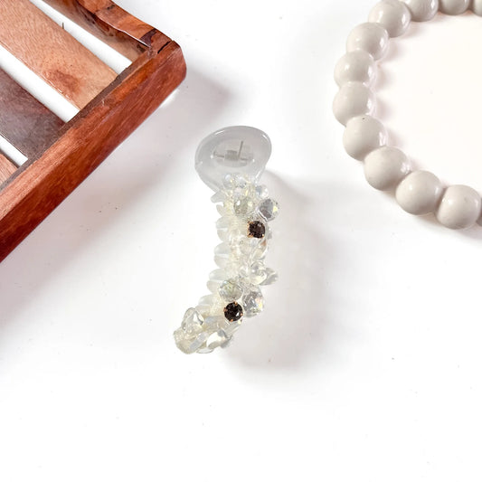 8cm clear crystal glam chunk banana clip featuring oversized polished faceted gemstones covering entire barrel.