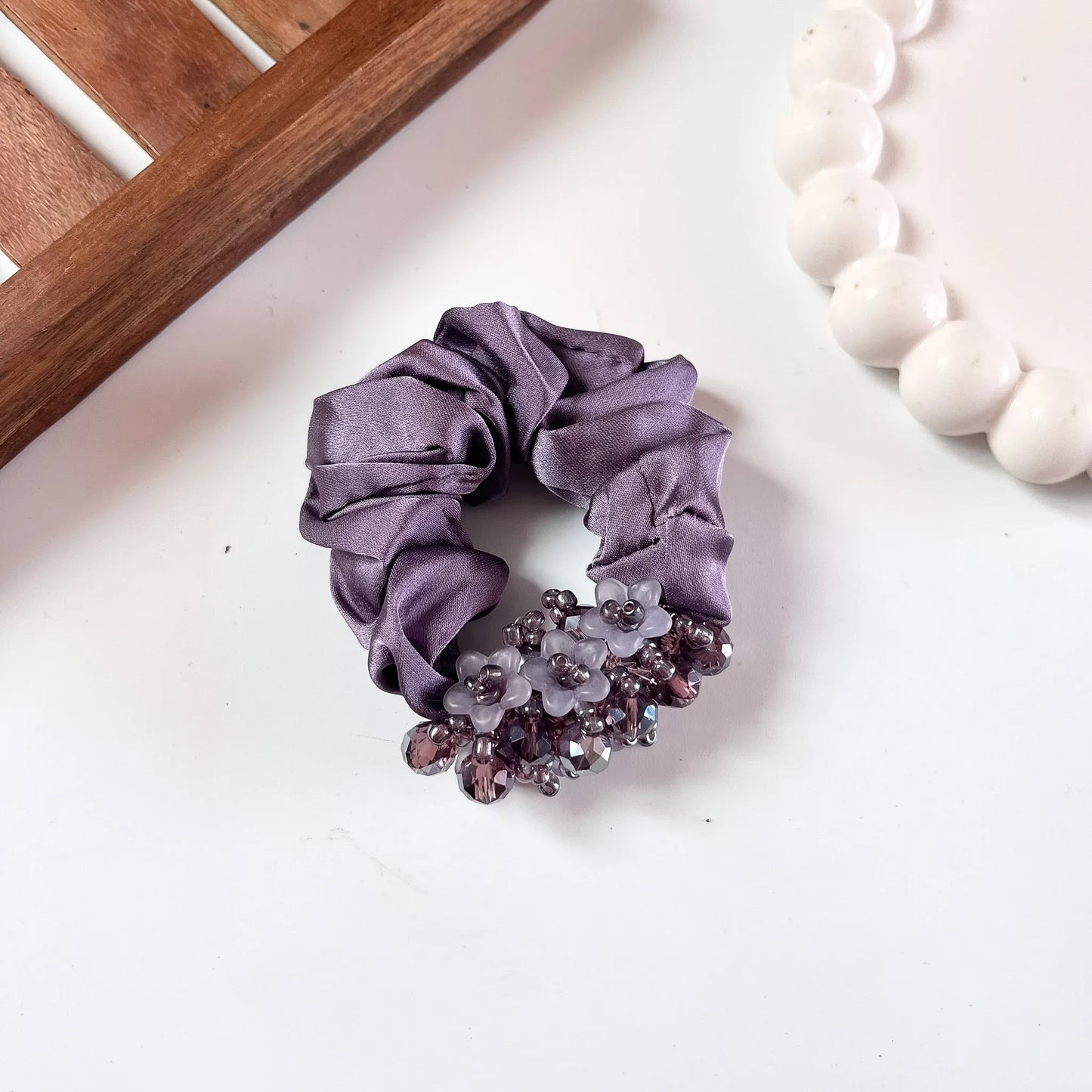 Mauve satin Glam Crystal Scrunchie with beaded floral trim