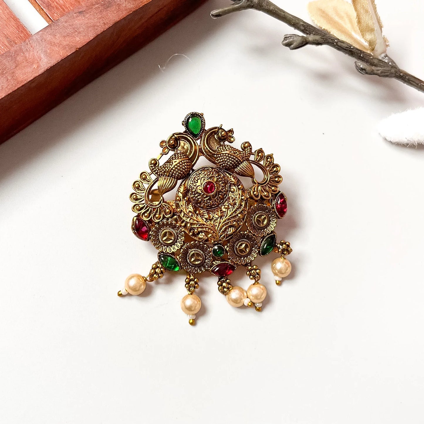 Mixed ruby and emerald heritage peacock pearl barrette with ornate filigree, 2.5cm small