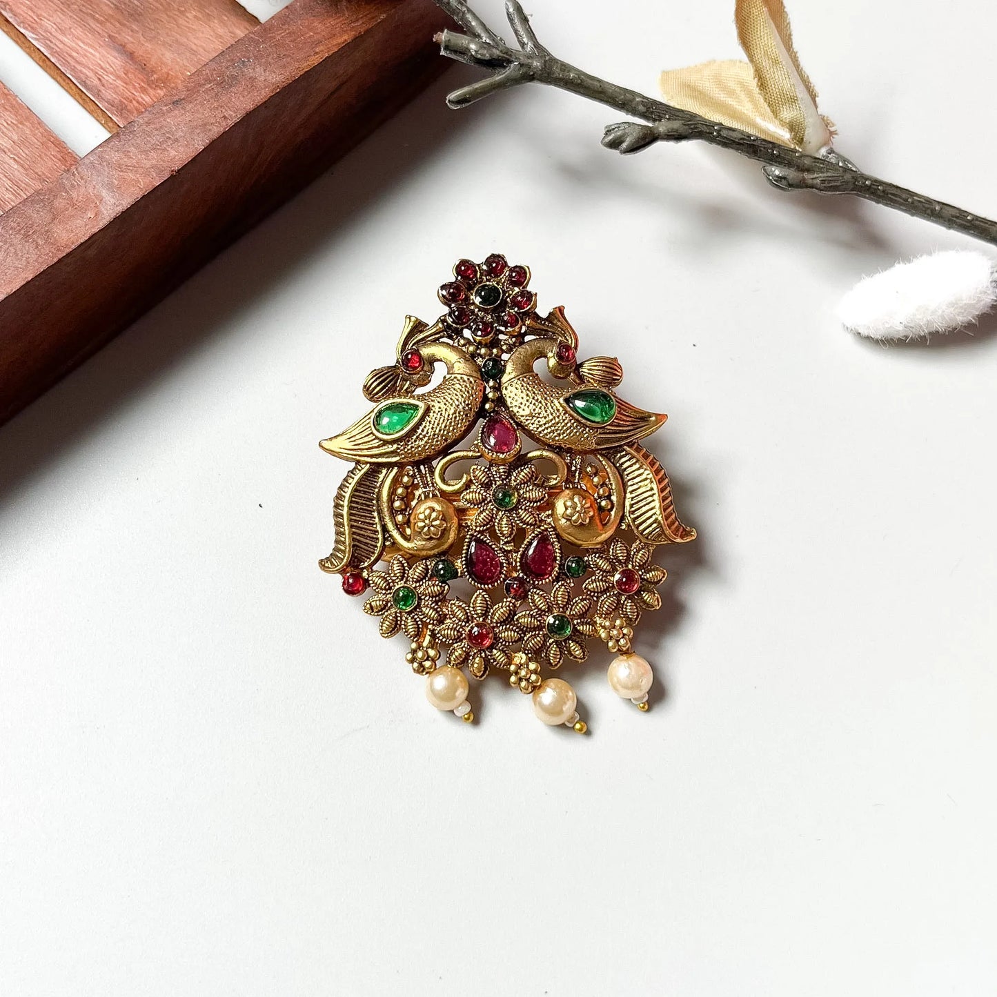 Dual peacock centre clip with ruby and emerald gemstones, pearl drop beads, antique gold filigree barrette