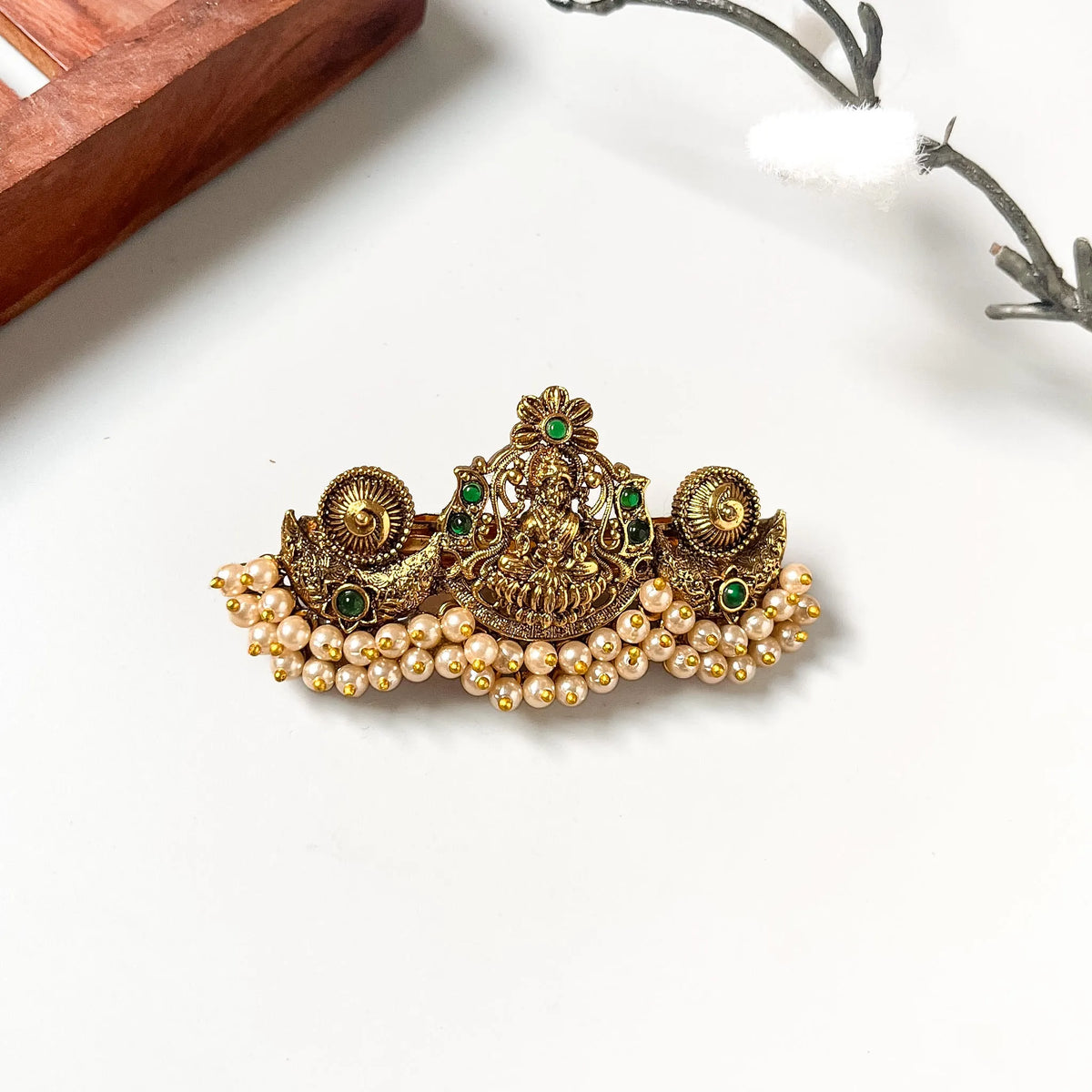 Emerald gemstone Lakshmi pearl crown barrette with goddess figure and pearl fringe, 4.5cm ceremonial clip