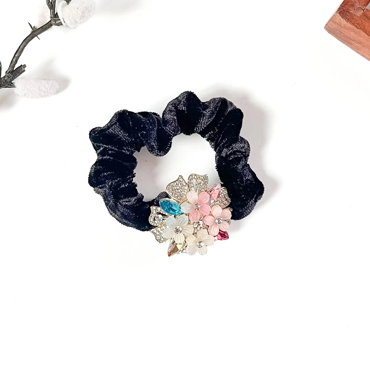 Black velvet scrunchie with multicolour rhinestone flower brooch