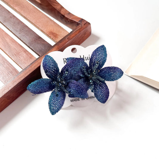 Navy mesh lily flower clip duo for hair