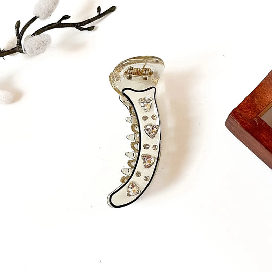 Ivory white banana clip with triangle crystal stones and black outline, 8 cm stone banana clip for medium hair