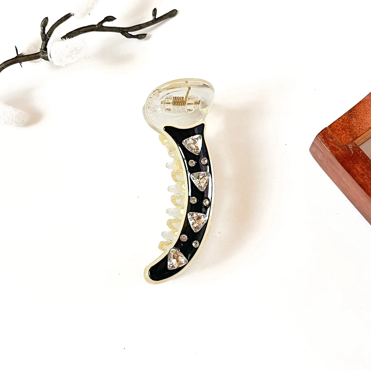 Noir black banana clip with clear triangle crystals, 8 cm black banana clip for medium hair