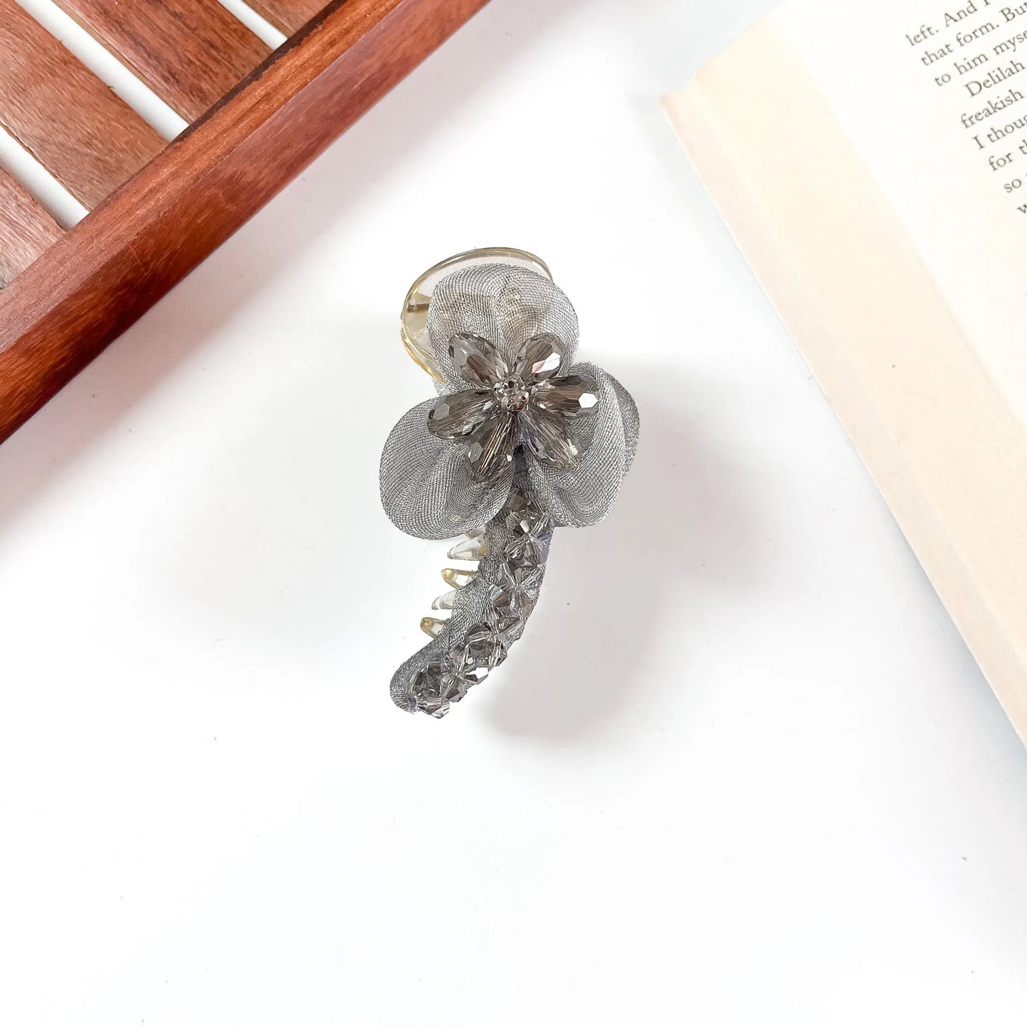 Smoke grey organza bloom banana clip for hair