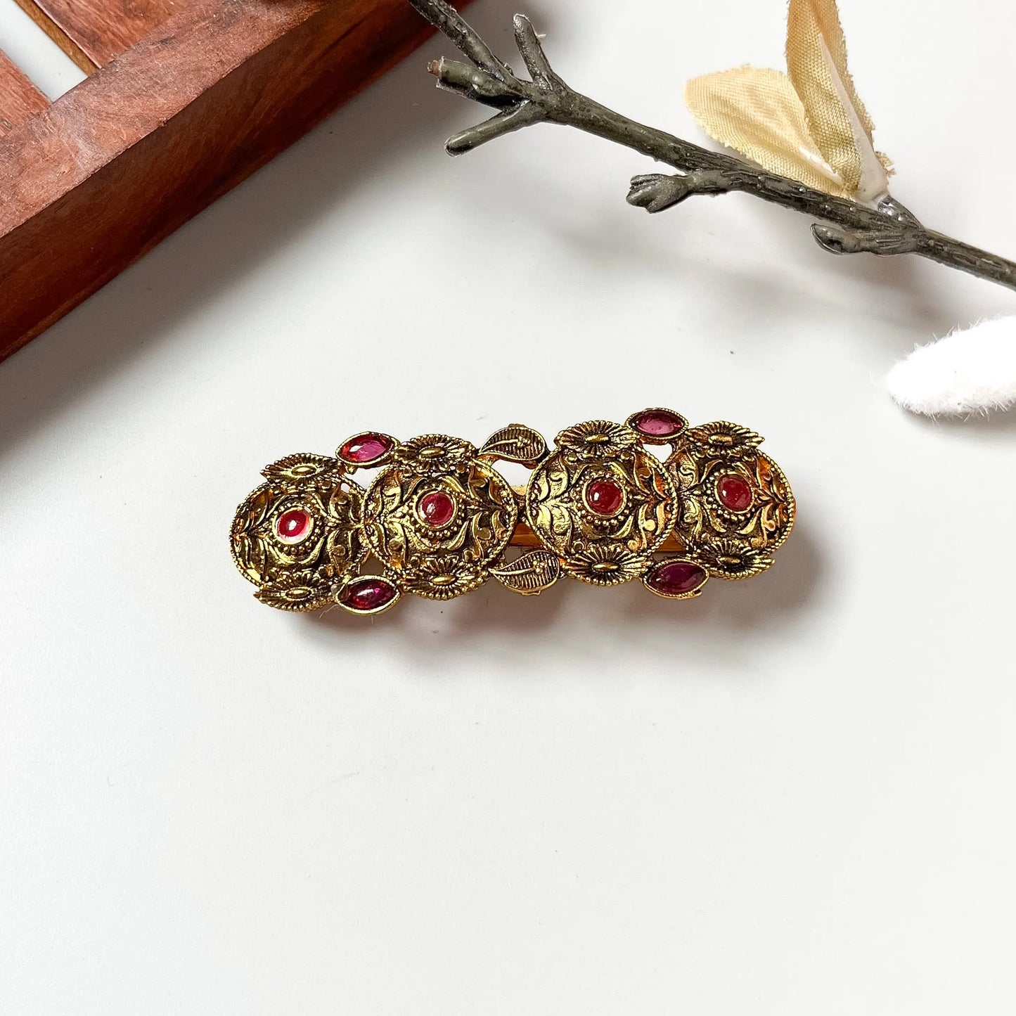 Traditional ruby red gemstone medallion barrette, antique brass filigree, 5cm vintage chain clip