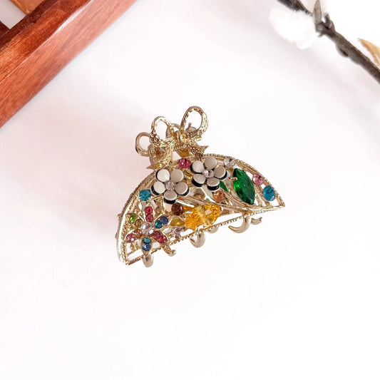 Rainbow multi-color ornate pearl bow metal clip with mixed gemstones, medium-thick jeweled clip