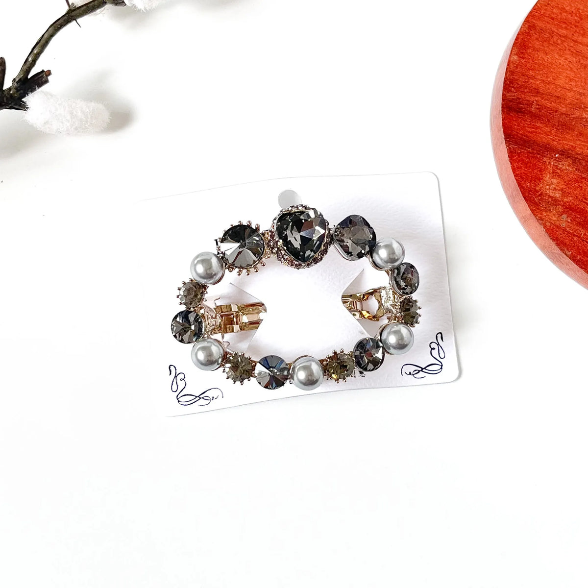 Slate grey heart crystal center clip with grey pearls, an elegant stone barrette for thick hair
