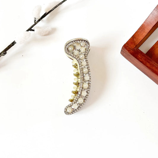 Silver metallic pearl banana clip with rhinestones and white roses, 8 cm bridal banana clip for medium hair