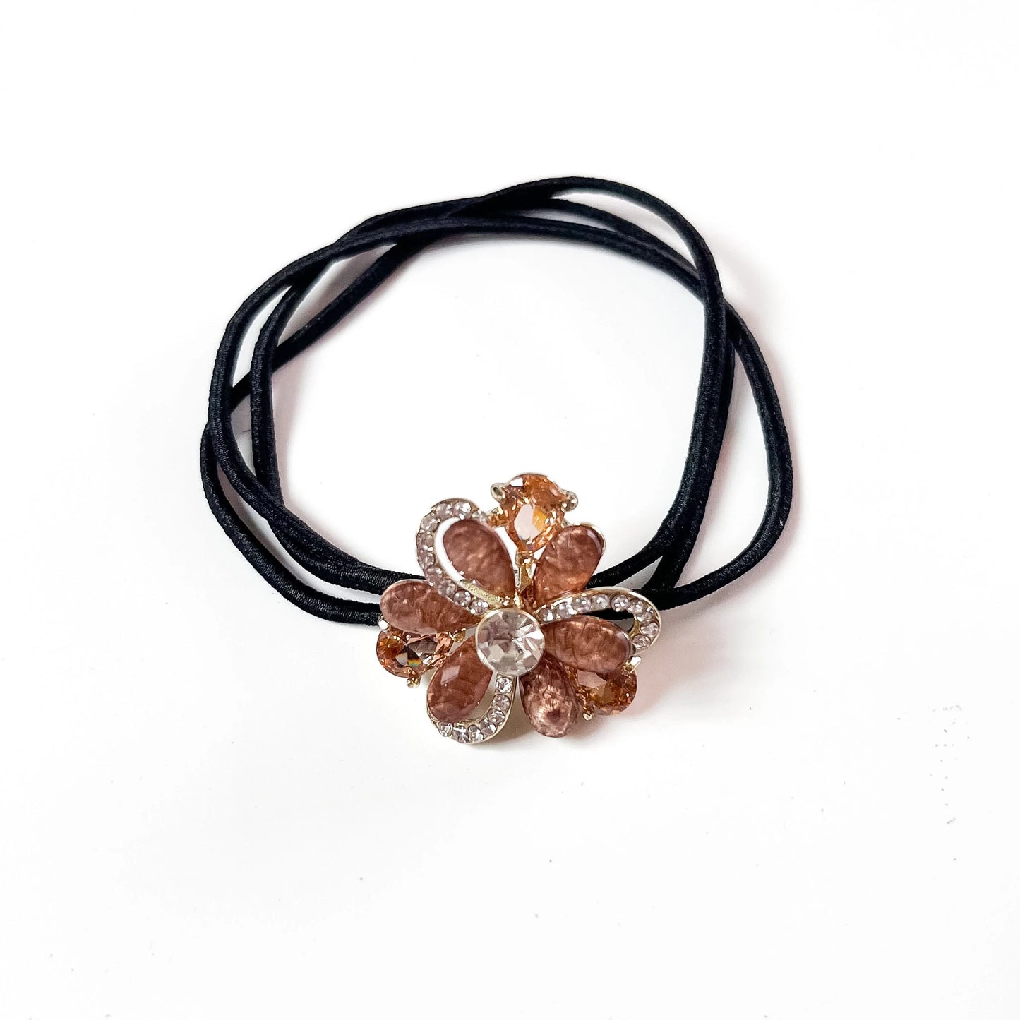 Peach Brown copper petal bloom flower hair tie with rhinestone swirl frame on black elastic band