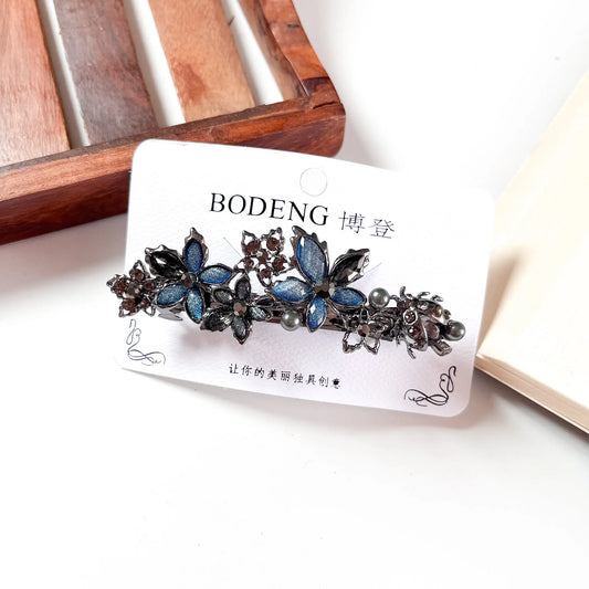 Petal cascade crystal barrette navy blue rhinestone barrette