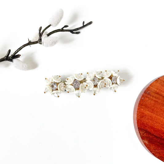 Frost white porcelain flower hair clip with clear crystals and CZ solitaire stones