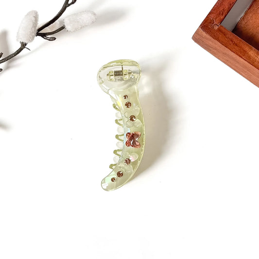 Pistachio green small banana clip with pink crystal butterfly, 8cm