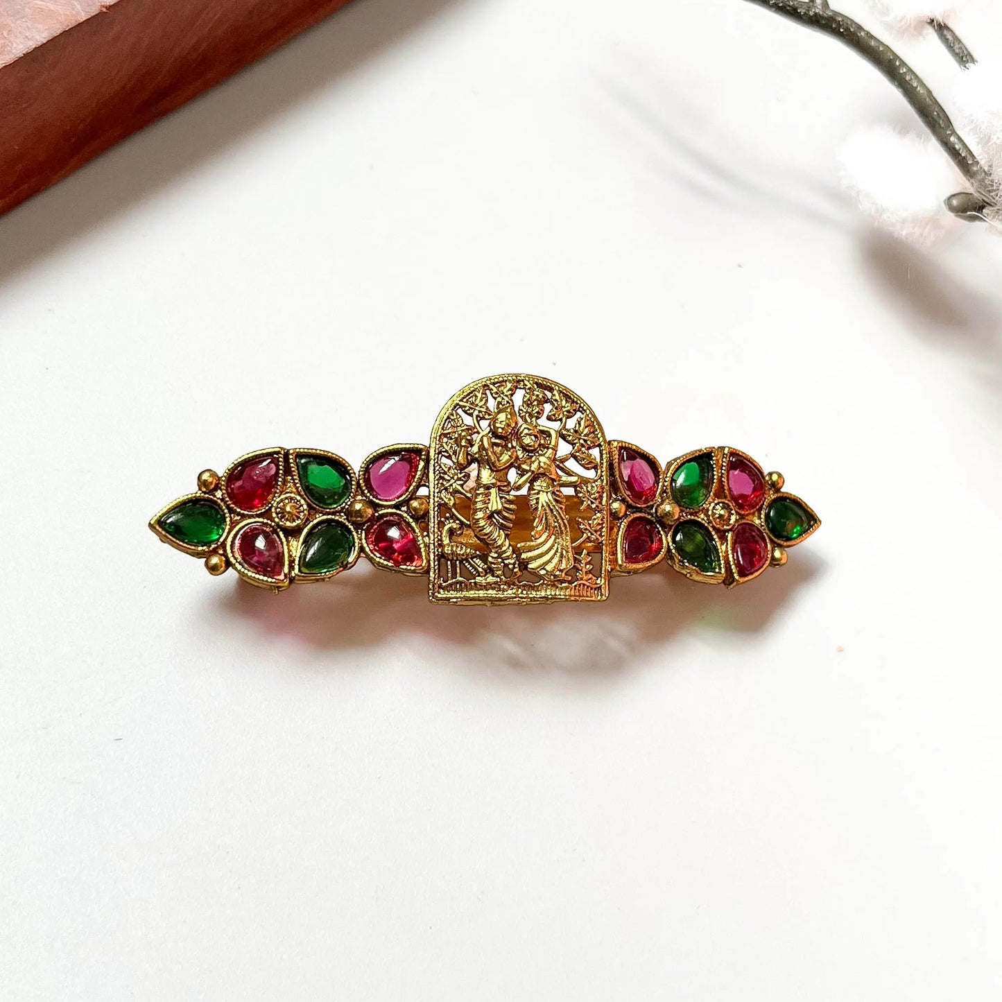 Vintage Radha Krishna temple arch clip with mixed ruby and emerald gemstone wings, 4cm barrette