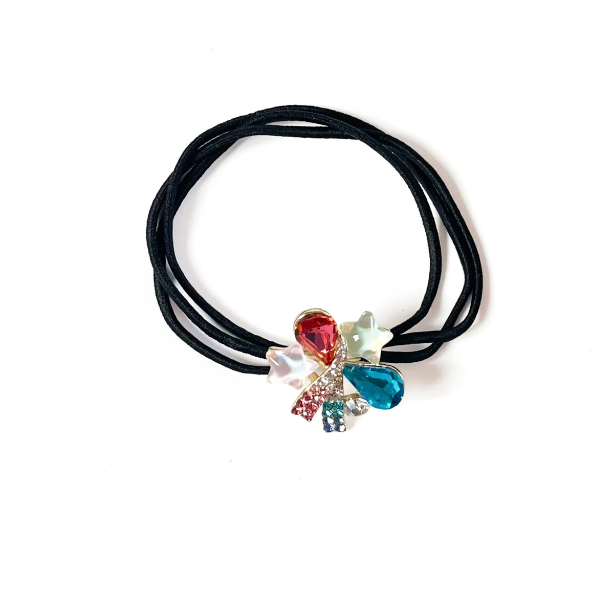 Rainbow multicolour fancy hair rubber band with colourful crystals and blue opal stone, rhinestone hair tie