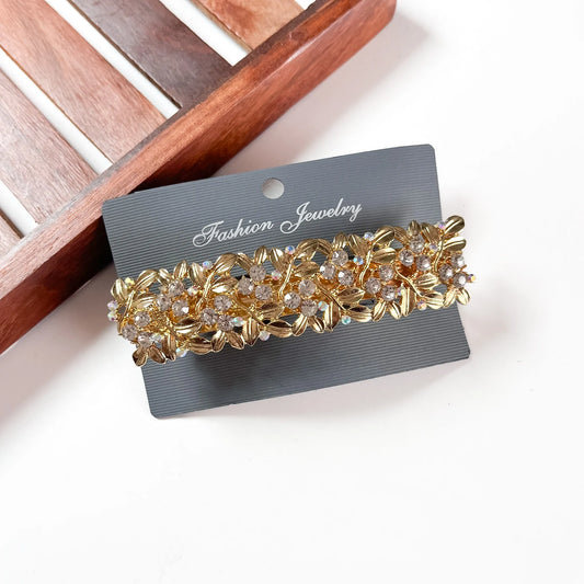 Gold rhinestone floral barrette hair clip for women