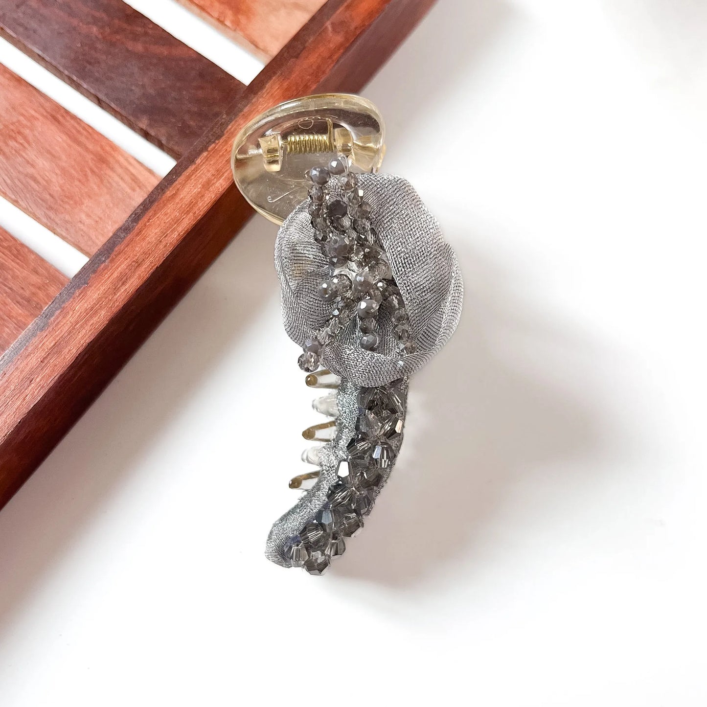 Silver grey rosette crystal banana clip with organza fabric rose and crystal cascade