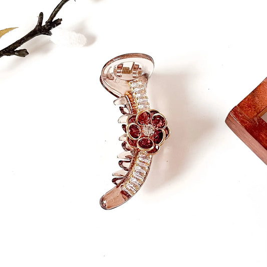 Wine maroon crystal flower banana clip with baguette stones, 8 cm stone banana clip for medium hair