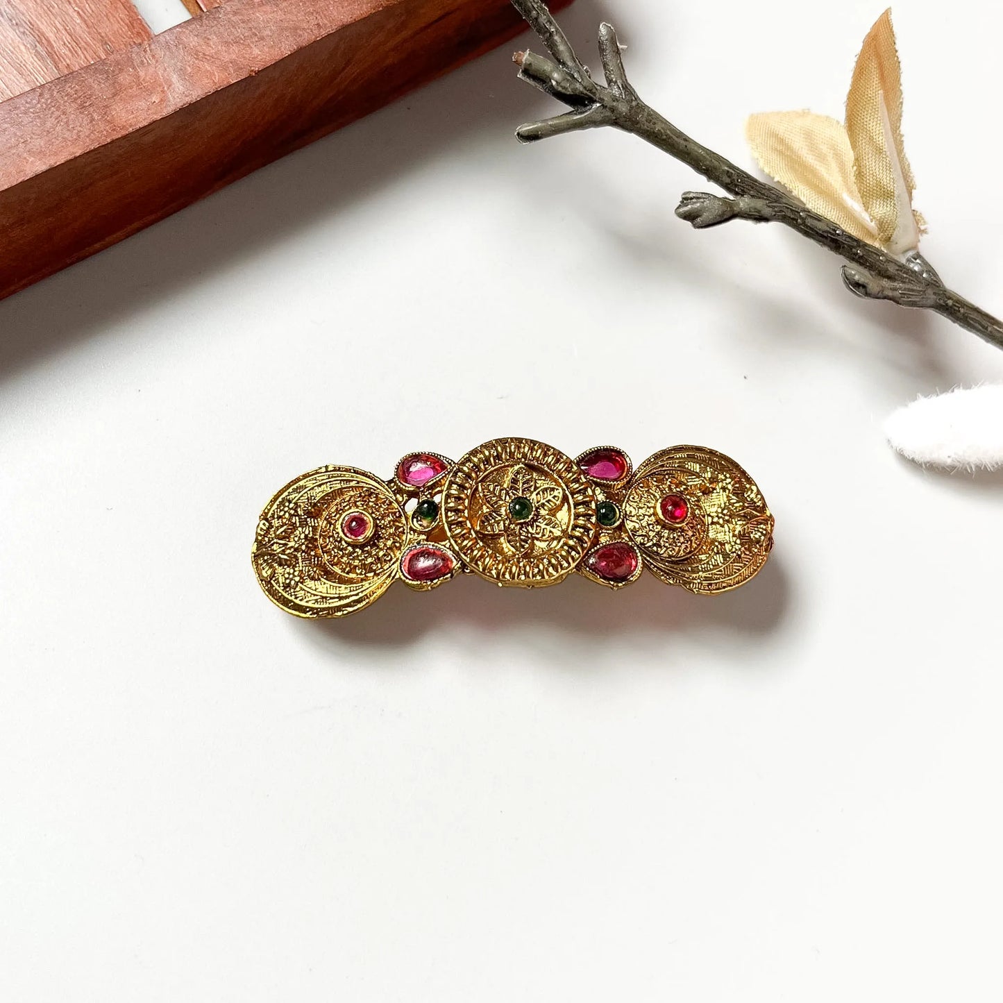 Sacred triple medallion barrette with ruby gemstones and ornate centre motif, antique gold 4cm spiritual clip