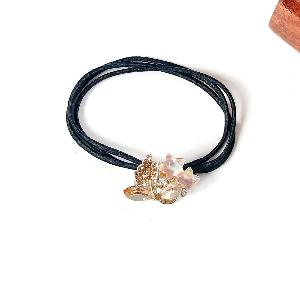 Sand beige fancy rubber band for hair with champagne crystals, gold leaf and blush star charms