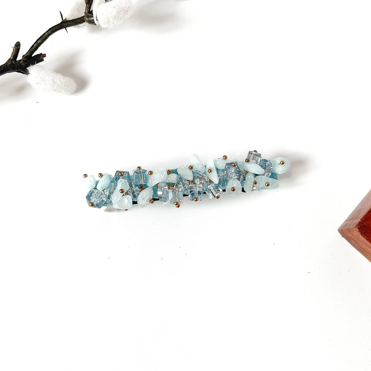 Lagoon aqua blue stone chip barrette with clear blue cube crystals for women