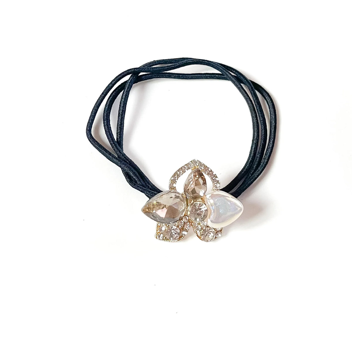 Smokey Grey fancy ponytail holder with champagne crystals and white pearl heart, pearl hair tie for women
