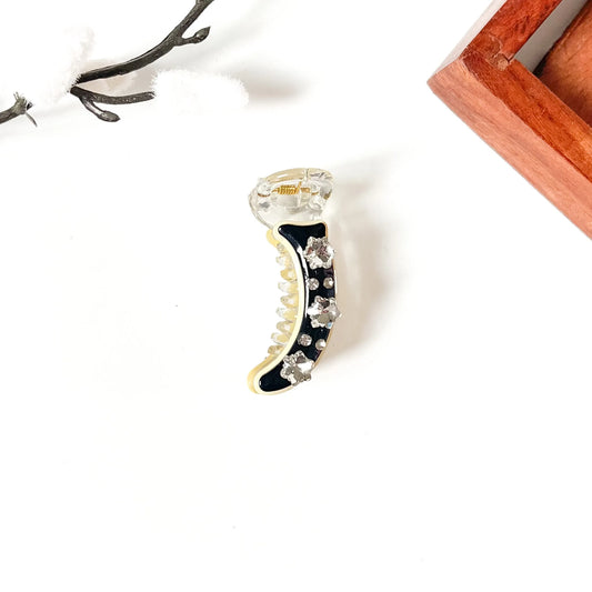 Noir black banana clip with cream outline and clear star stones, 5cm